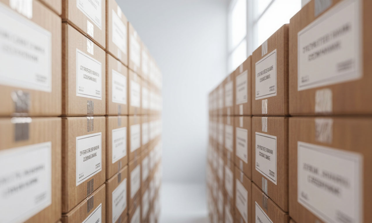 Clean storage facility with labeled boxes